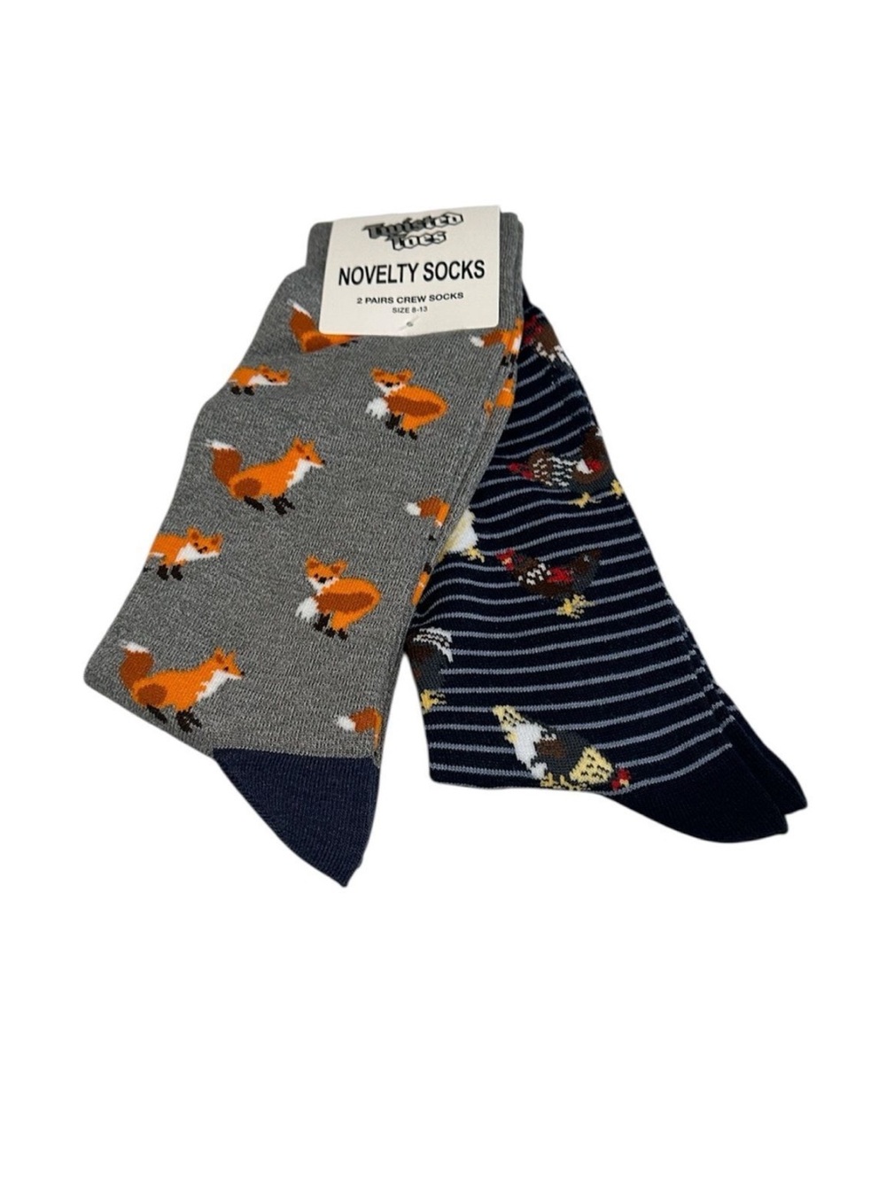 Twisted Toes Crew Socks Mens 8-13 NEW 2 Pair Fox Chickens Rooster Novelty Socks
